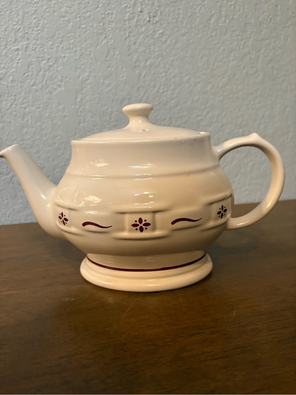 Longaberger Cream Ceramic Teapot with Maroon Floral Accent